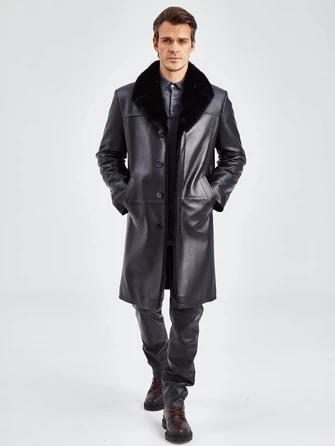 Мужское зимнее кожаное пальто с норковым воротником премиум класса 533мех-0