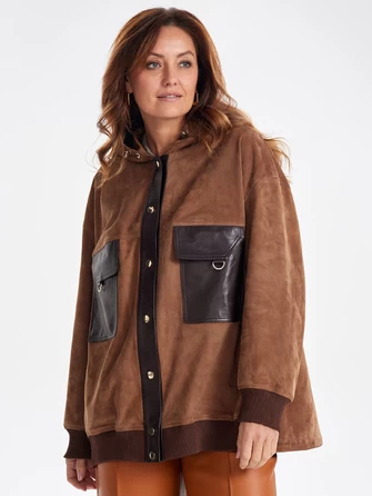 Удлиненная замшевая женская куртка бомбер с капюшоном премиум класса 3067з-0