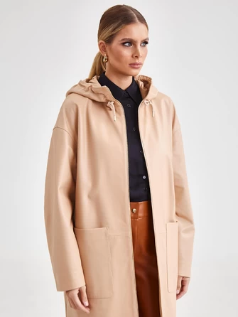 Кожаное женское пальто с капюшоном на молнии премиум класса 3034-0