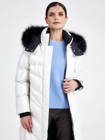 Кожаное женское пальто с меховым капюшоном премиум класса 3025-1