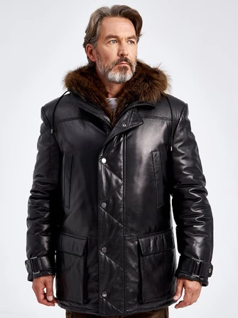 Зимняя мужская кожаная куртка с капюшоном на подкладке из меха енота 511-0