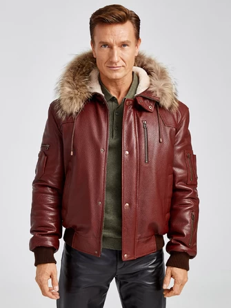 Кожаная мужская куртка аляска утепленная с мехом енота 509-0