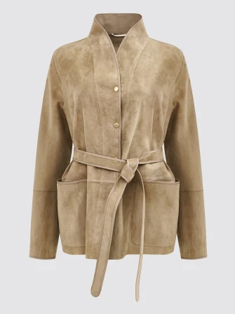 Бежевая женская замшевая куртка премиум класса 3105з-0