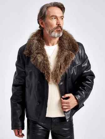 Зимняя двубортная мужская кожаная куртка с воротником меха енота Mafia/New-1