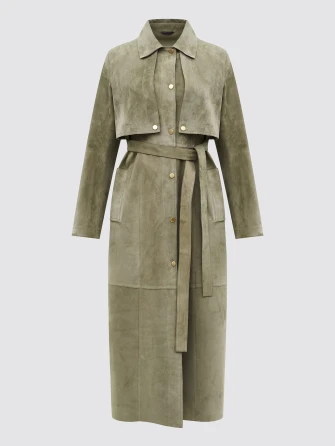 Зеленый женский замшевый плащ премиум класса 3103з-0