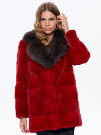 Красная норковая шуба с куницей 2Б-1