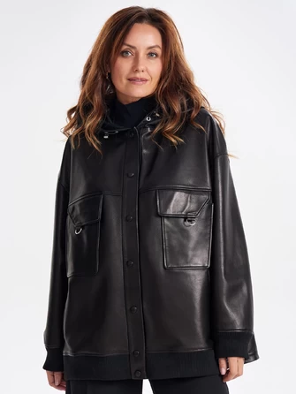 Удлиненная кожаная женская куртка бомбер с капюшоном премиум класса 3067-0