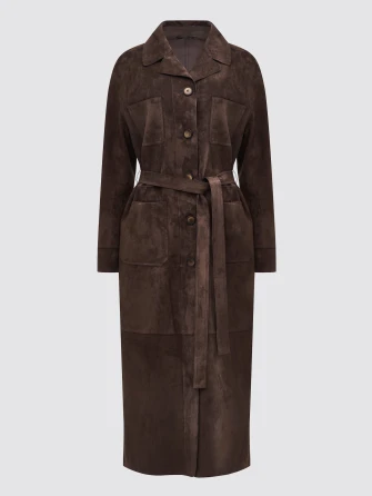 Коричневый женский замшевый плащ премиум класса 3113з-0