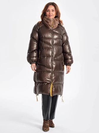 Cтеганное женское кожаное пальто с норковым воротником премиум класса 3073-0