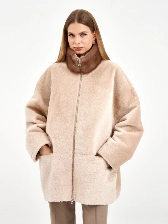 Белая дубленка из астрагана с норкой 59мех-0