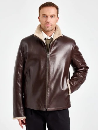 Коричневая короткая мужская кожаная дубленка премиум класса 564мех-1