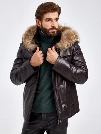 Кожаная зимняя мужская куртка с капюшоном на подкладке из овчины 4273-1