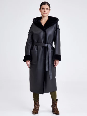 Женское пальто оверсайз из натуральной овчины с капюшоном премиум класса 2008-0