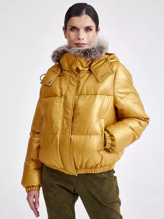 Женская кожаная куртка бомбер с меховым капюшоном 3027-0