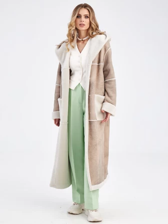 Женское длинное пальто оверсайз с капюшоном из меховой овчины премиум класса 2021-1