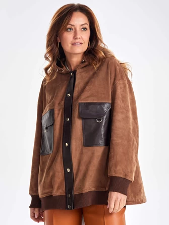 Удлиненная замшевая женская куртка бомбер с капюшоном премиум класса 3067з-0